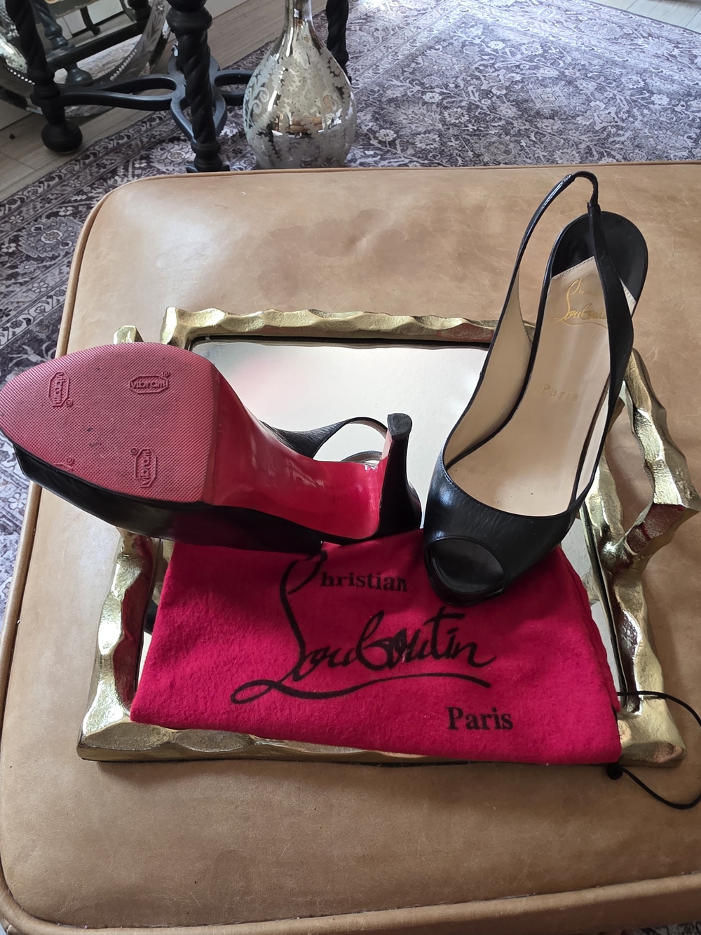 Christian Louboutin Black Leather Peep-Toe Slingback Heels with Red Soles - Picture 2 of 3